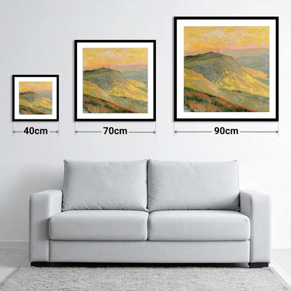Golden Sunset From the Summit - size guide showing 40cm, 70cm and 90cm art prints