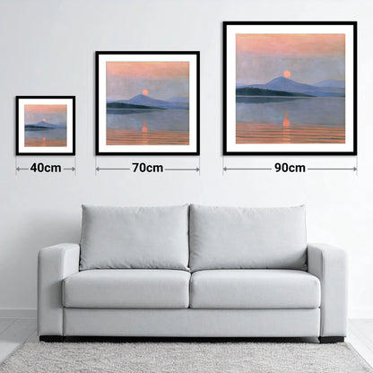 Peach Sunset Over the Water - size guide showing 40cm, 70cm and 90cm art prints