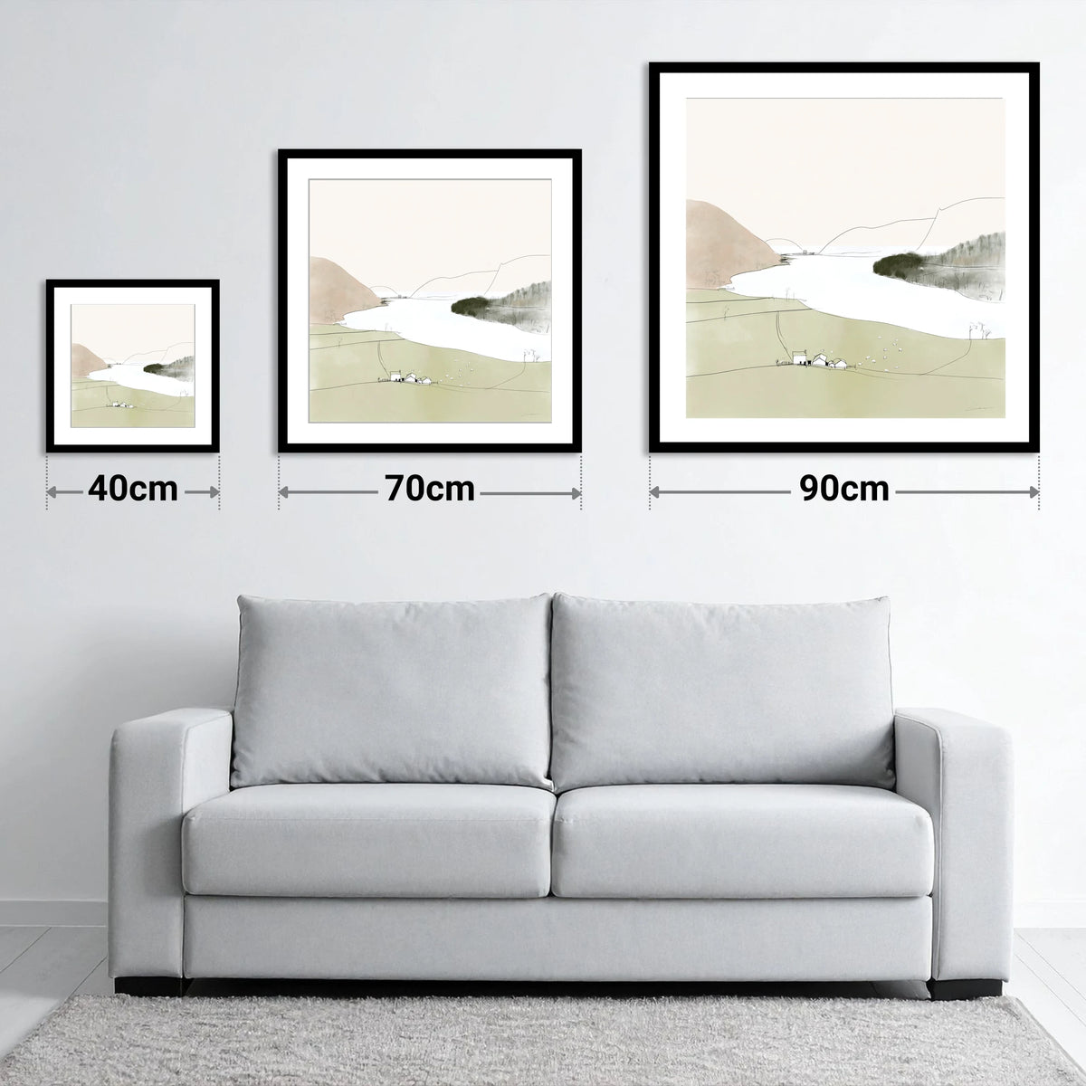Loweswater Farm and Pale Fells - size guide showing 40cm, 70cm and 90cm art prints