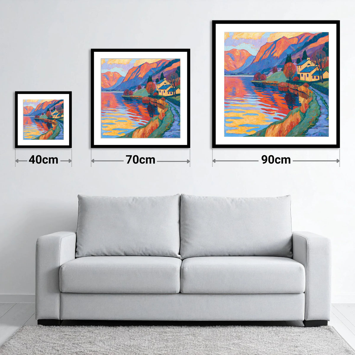 Golden Cottages on the Lakeshore - size guide showing 40cm, 70cm and 90cm art prints