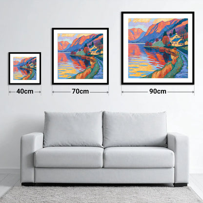 Golden Cottages on the Lakeshore - size guide showing 40cm, 70cm and 90cm art prints