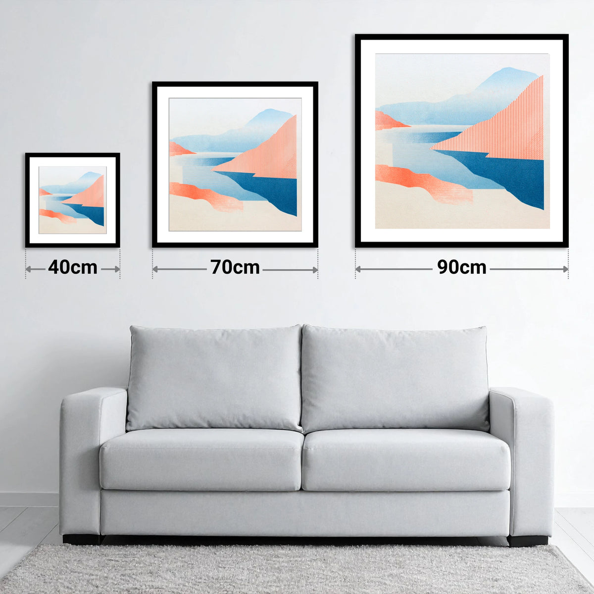 Geometric Ennerdale Water and Fells - size guide showing 40cm, 70cm and 90cm art prints