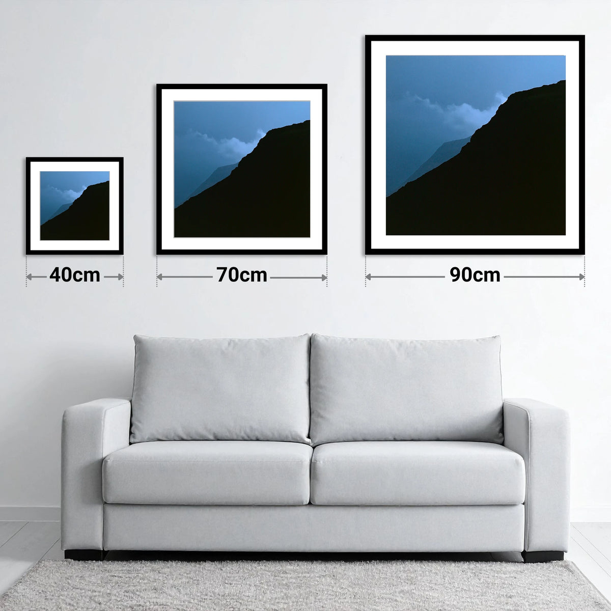 Misty Mountain Ridge Silhouette - size guide showing 40cm, 70cm and 90cm art prints