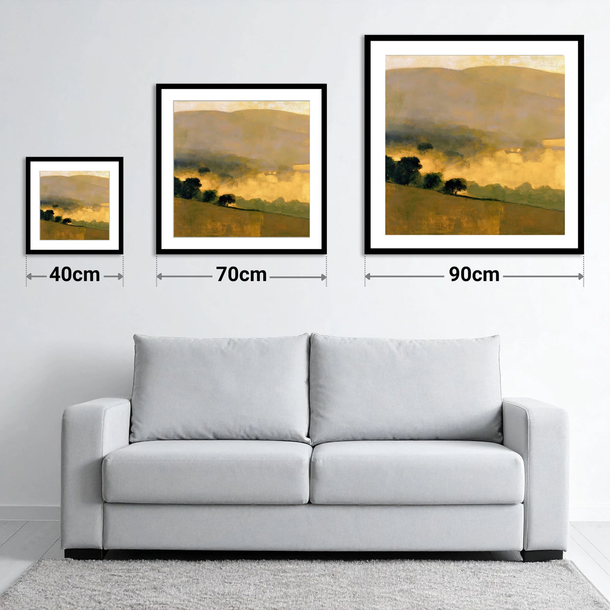 Golden Valley Mist at Dawn - size guide showing 40cm, 70cm and 90cm art prints