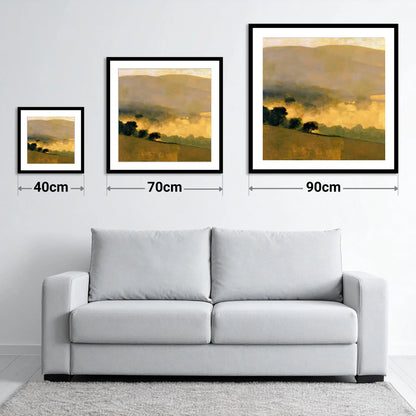Golden Valley Mist at Dawn - size guide showing 40cm, 70cm and 90cm art prints