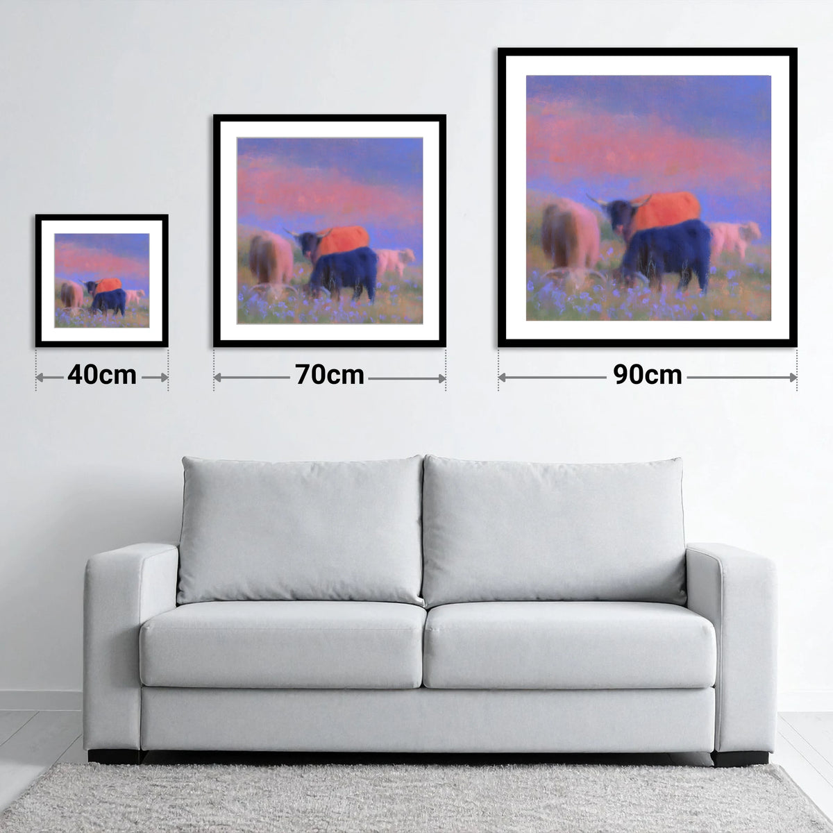 Highland Cattle in Pink Twilight - size guide showing 40cm, 70cm and 90cm art prints