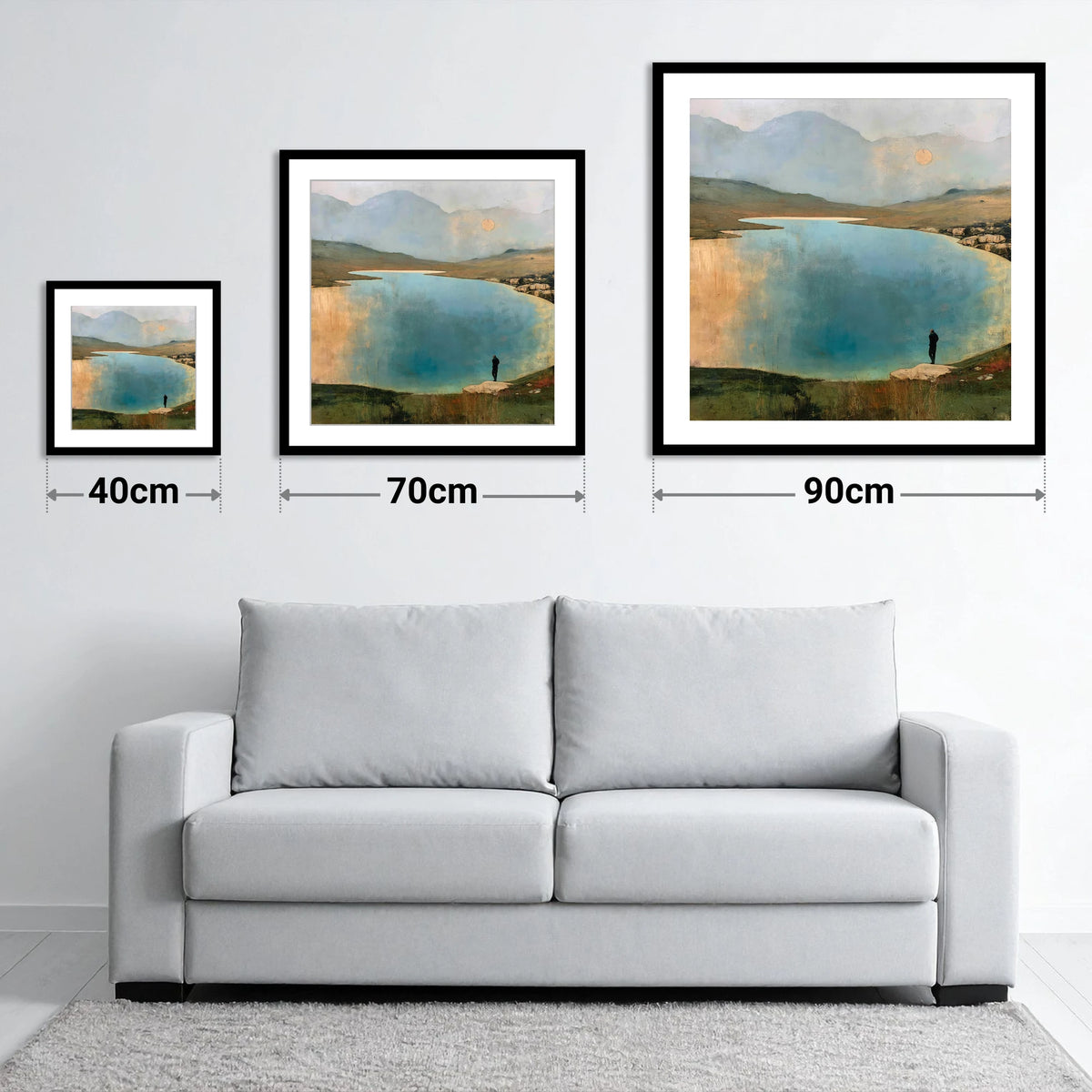 Golden Sun Over Innominate Tarn - size guide showing 40cm, 70cm and 90cm art prints