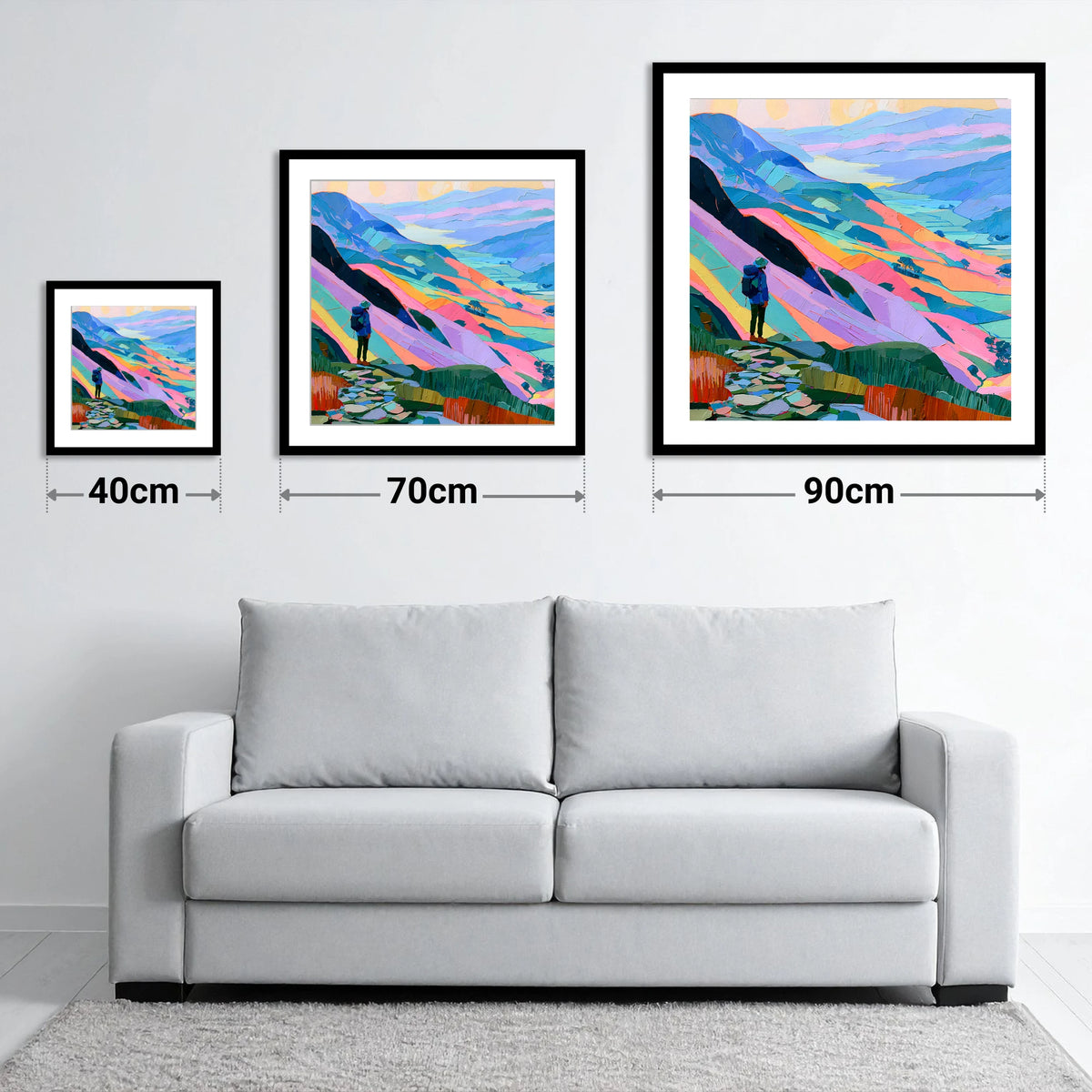 Vibrant Lake District Summit View - size guide showing 40cm, 70cm and 90cm art prints