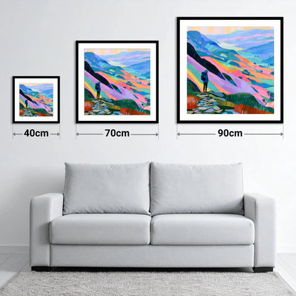 Vibrant Lake District Summit View - size guide showing 40cm, 70cm and 90cm art prints