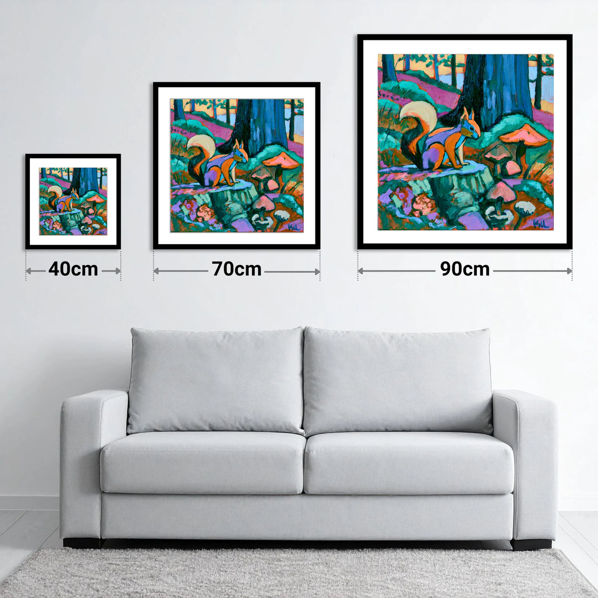 Red Squirrel in Vivid Woodland - size guide showing 40cm, 70cm and 90cm art prints