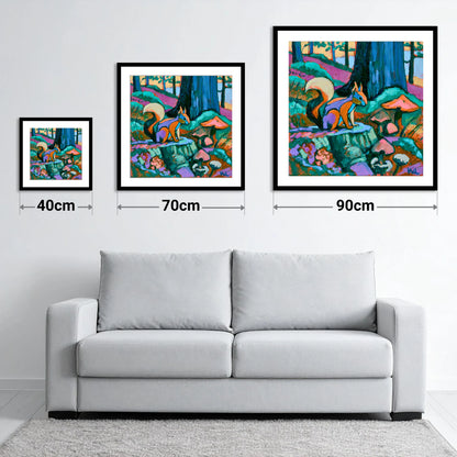 Red Squirrel in Vivid Woodland - size guide showing 40cm, 70cm and 90cm art prints