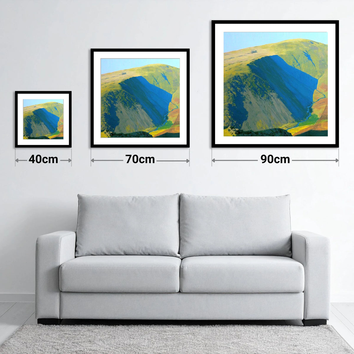 Branstree Fell and Valley Shadows - size guide showing 40cm, 70cm and 90cm art prints