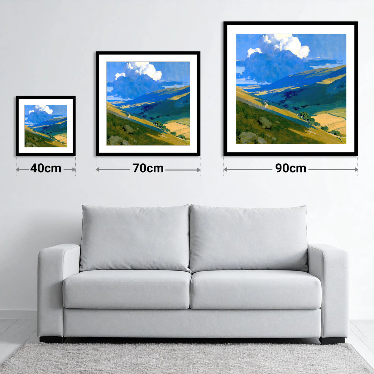 Rolling Fells Under Cloud Shadow - size guide showing 40cm, 70cm and 90cm art prints