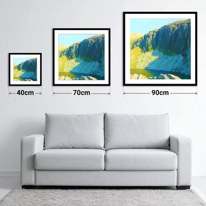 Vibrant Pavey Ark and Tarn - size guide showing 40cm, 70cm and 90cm art prints