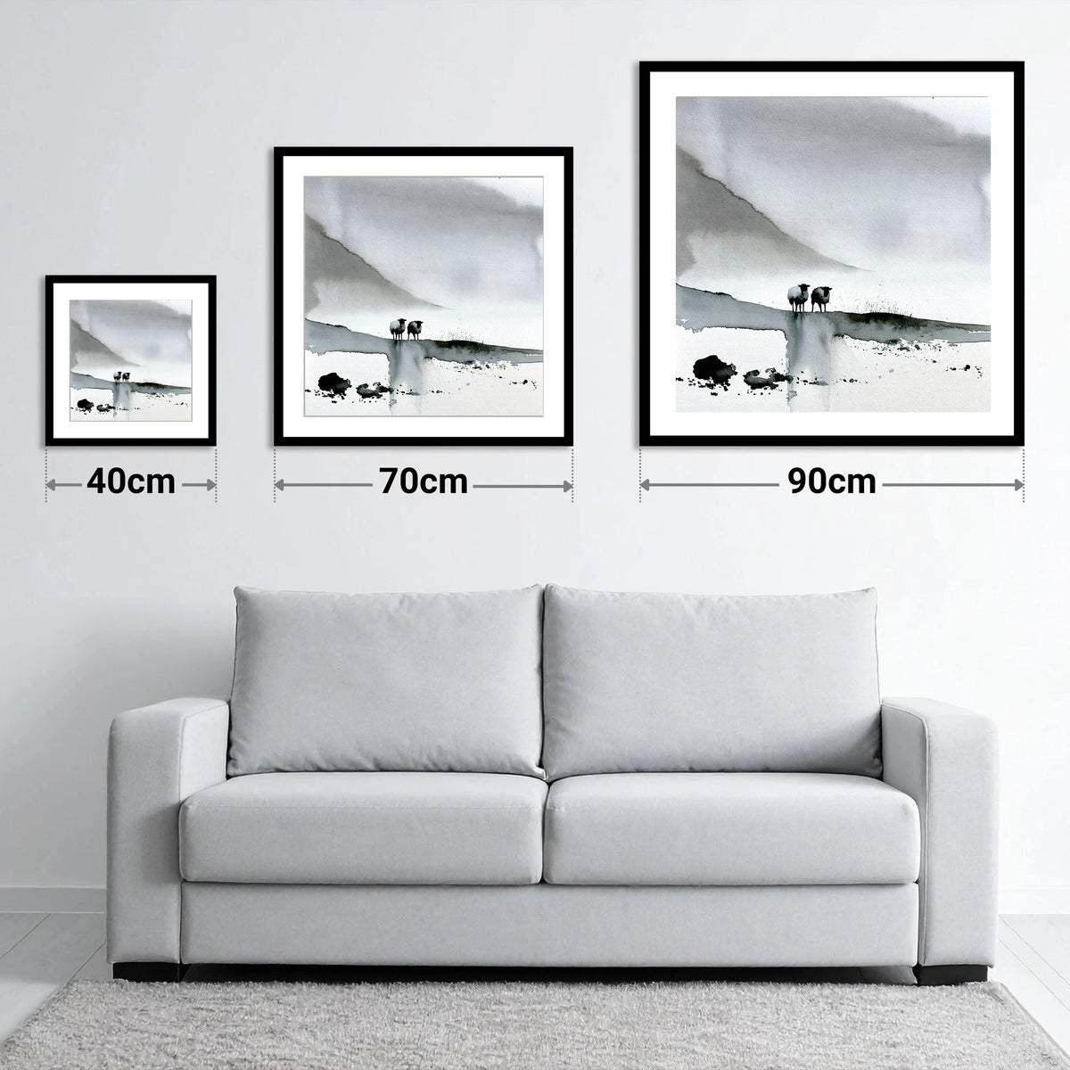 Monochrome Herdwick Sheep on Fellside - size guide showing 40cm, 70cm and 90cm art prints