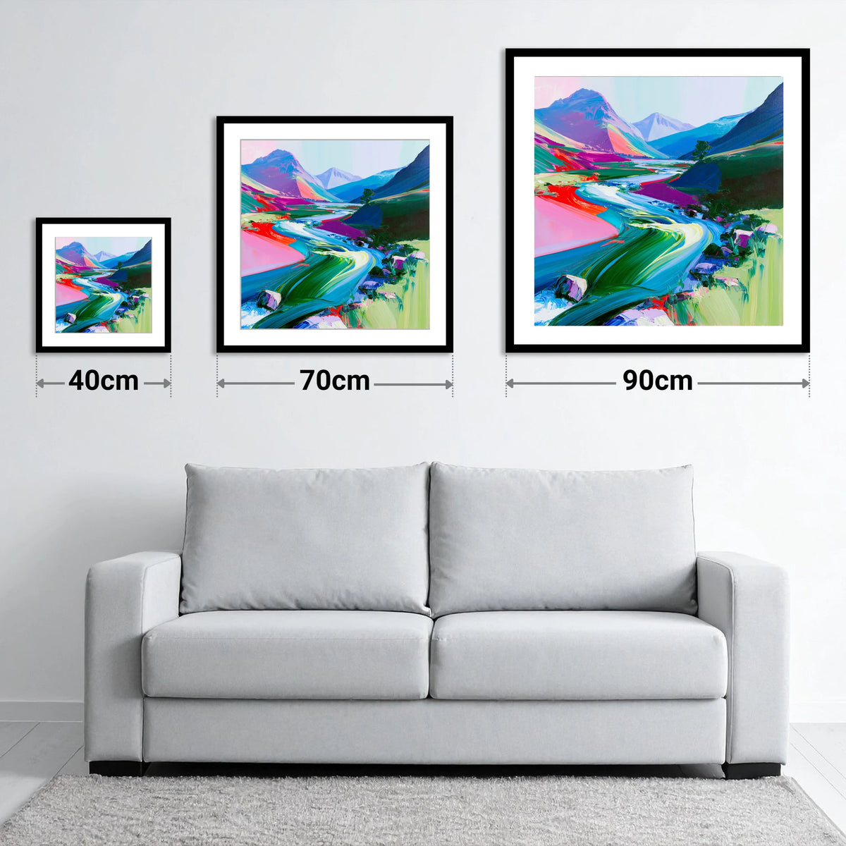 Colourful Rushing Fellside Beck - size guide showing 40cm, 70cm and 90cm art prints