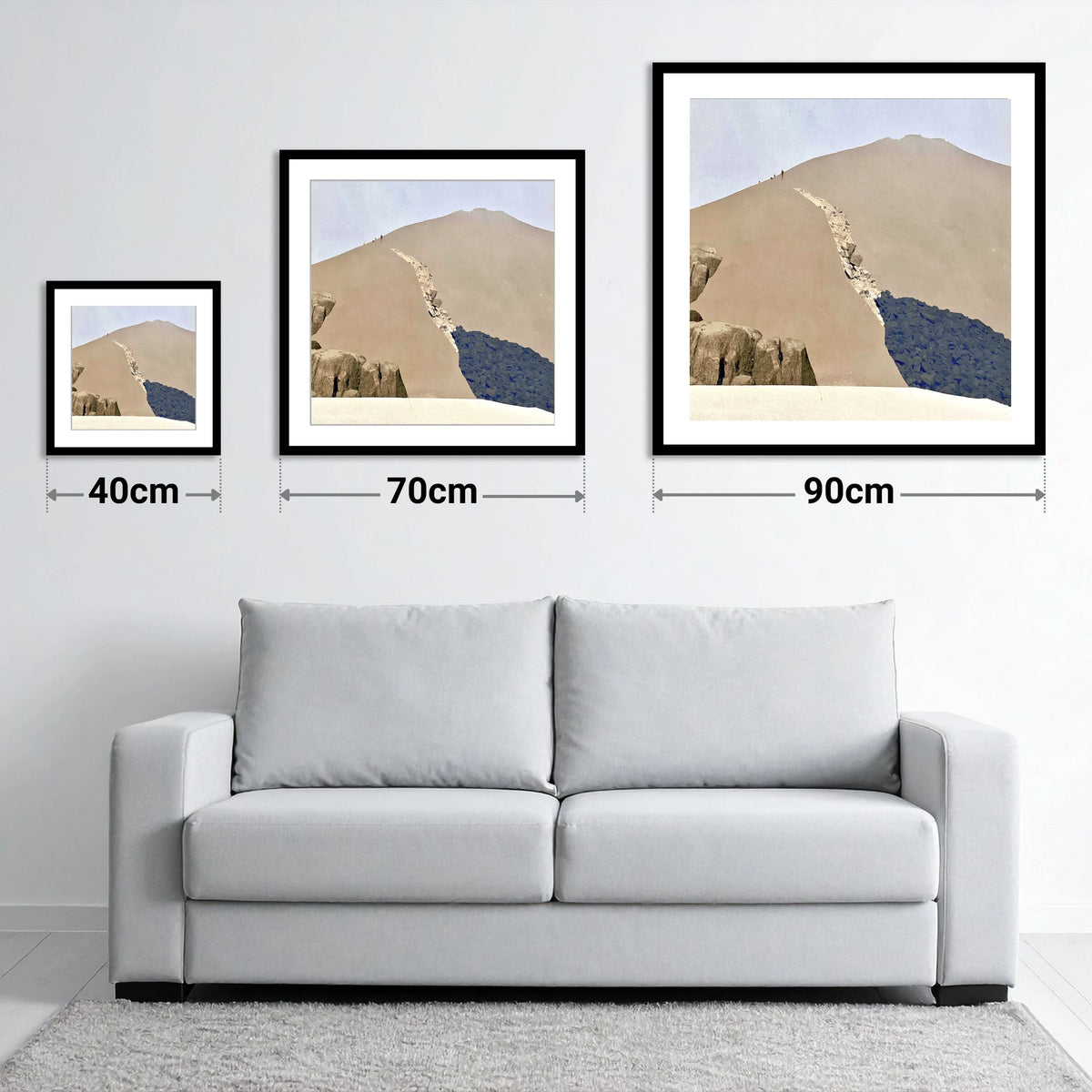 Scafell Pike Broad Summit Dome - size guide showing 40cm, 70cm and 90cm art prints