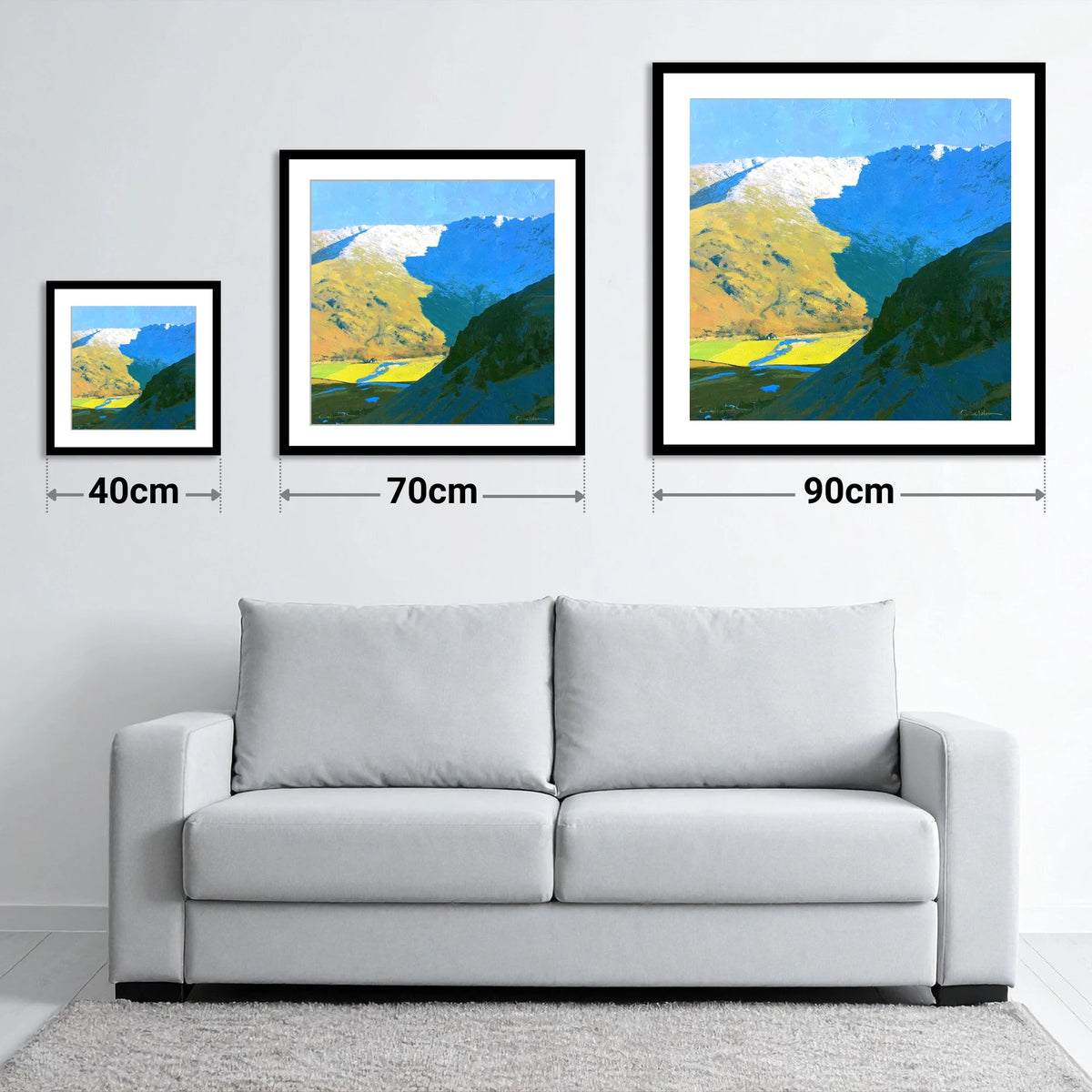 Winter Shadows on Grey Knotts - size guide showing 40cm, 70cm and 90cm art prints