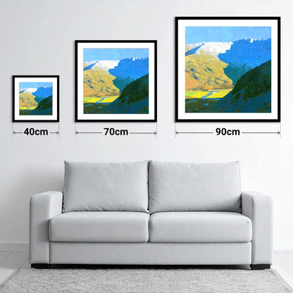 Winter Shadows on Grey Knotts - size guide showing 40cm, 70cm and 90cm art prints