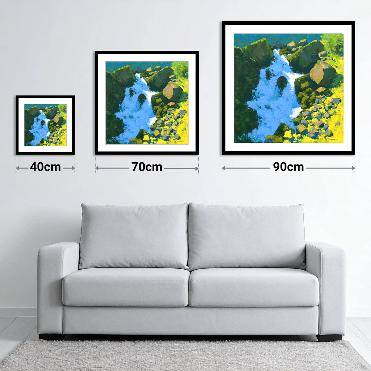 Vibrant Ghyll Waterfall and Sunlit Rocks - size guide showing 40cm, 70cm and 90cm art prints