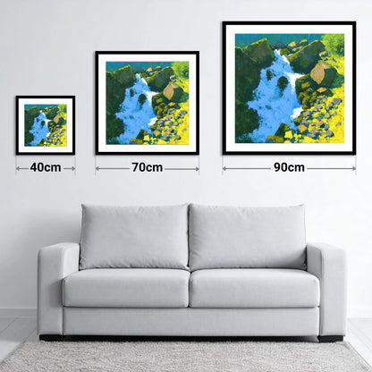 Vibrant Ghyll Waterfall and Sunlit Rocks - size guide showing 40cm, 70cm and 90cm art prints