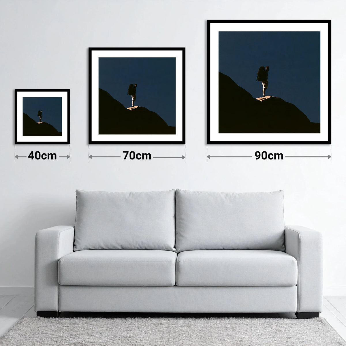 Hiker Silhouette on Dark Fell - size guide showing 40cm, 70cm and 90cm art prints