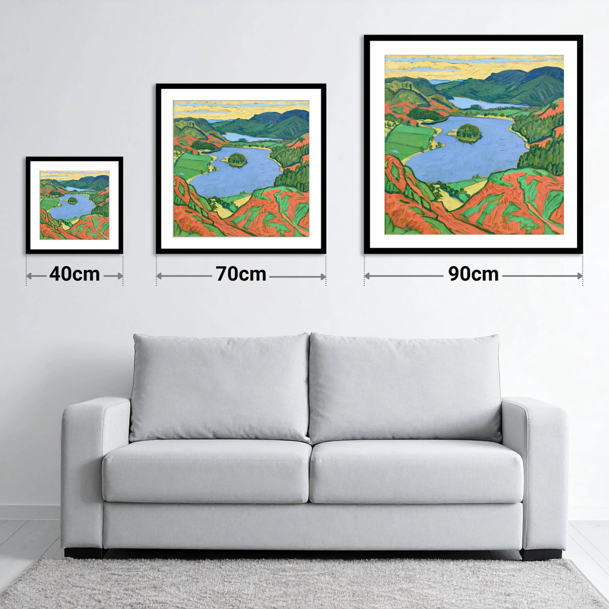 Vibrant Grasmere Over Red Bracken - size guide showing 40cm, 70cm and 90cm art prints