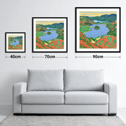 Vibrant Grasmere Over Red Bracken - size guide showing 40cm, 70cm and 90cm art prints