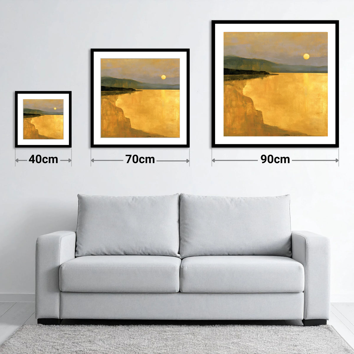 Lake Sunset in Luminous Ochre - size guide showing 40cm, 70cm and 90cm art prints