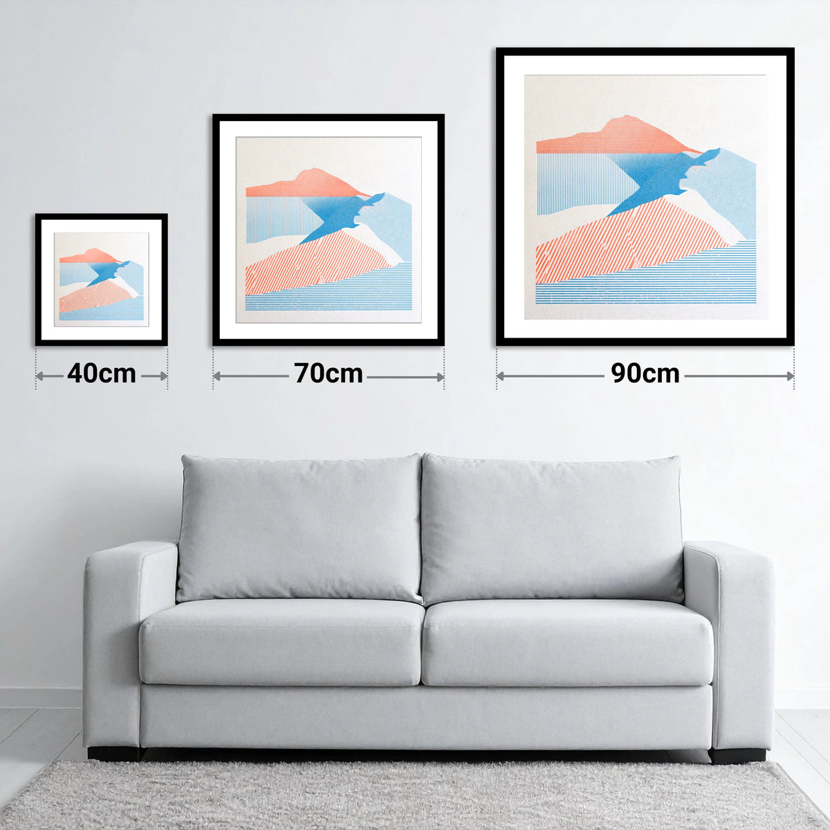 Helvellyn in Coral and Blue - size guide showing 40cm, 70cm and 90cm art prints