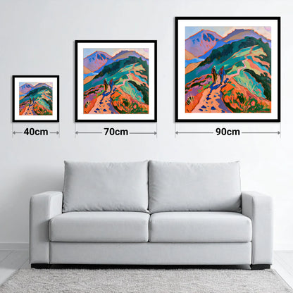 Colourful Haystacks Walk With Dog - size guide showing 40cm, 70cm and 90cm art prints