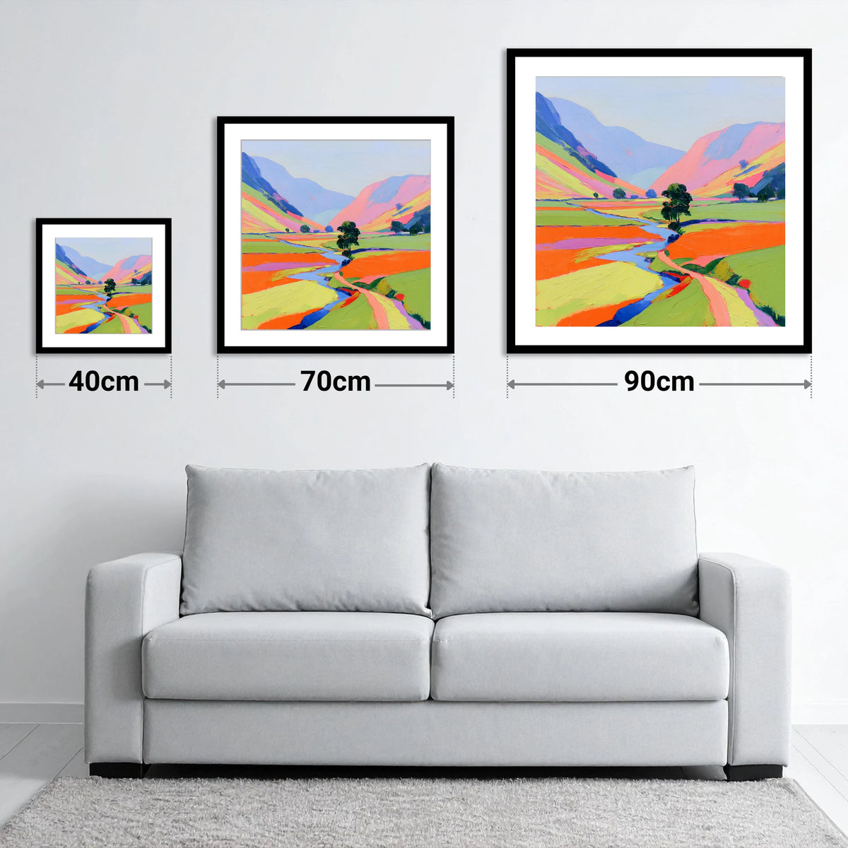 Bright Lakeland Valley Mist - size guide showing 40cm, 70cm and 90cm art prints