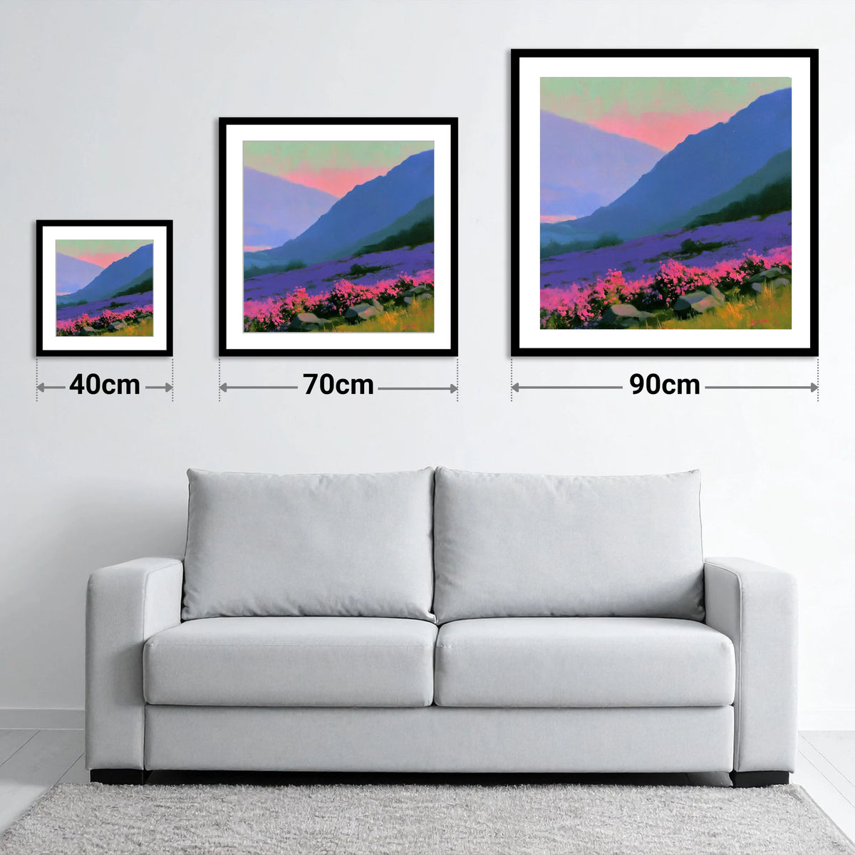 Indigo Fells and Vibrant Heather - size guide showing 40cm, 70cm and 90cm art prints
