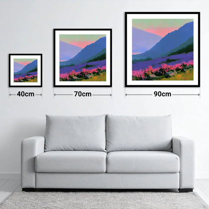 Indigo Fells and Vibrant Heather - size guide showing 40cm, 70cm and 90cm art prints