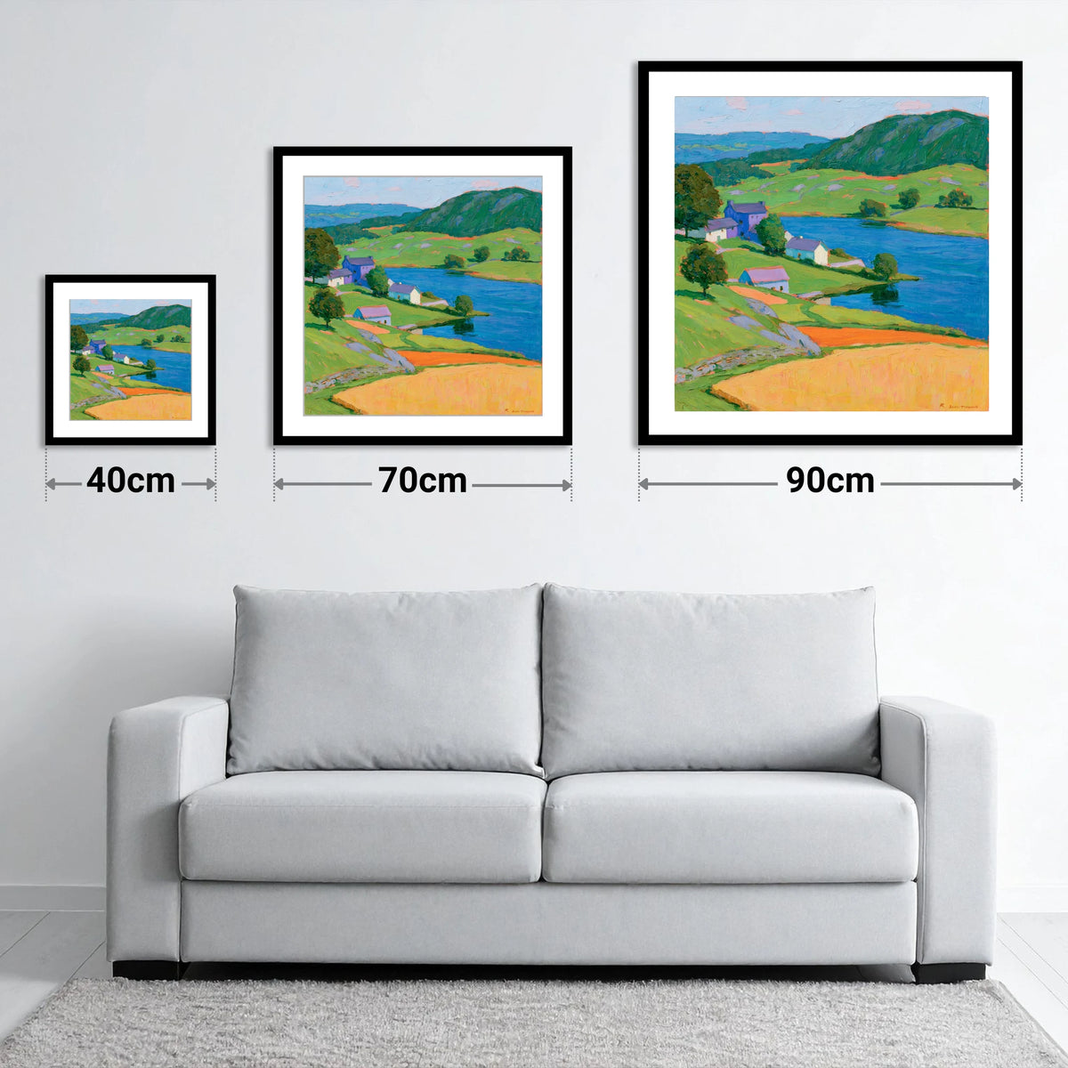 Vibrant Village on the Lakeshore - size guide showing 40cm, 70cm and 90cm art prints