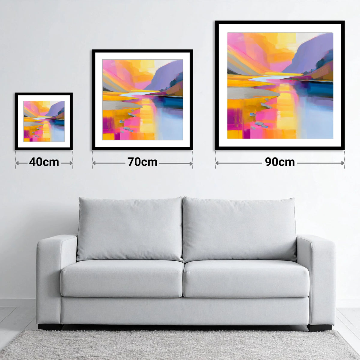 Pink and Gold River Valley - size guide showing 40cm, 70cm and 90cm art prints