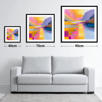 Pink and Gold River Valley - size guide showing 40cm, 70cm and 90cm art prints