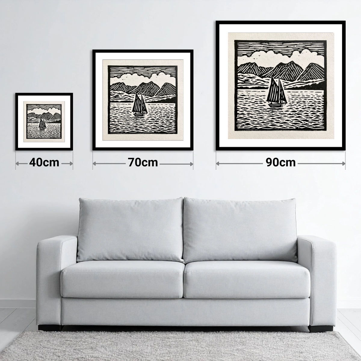 Monochrome Sailing Boat on Windermere - size guide showing 40cm, 70cm and 90cm art prints