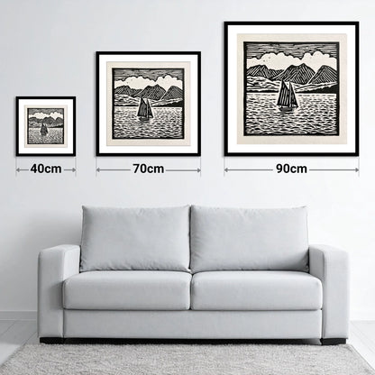 Monochrome Sailing Boat on Windermere - size guide showing 40cm, 70cm and 90cm art prints