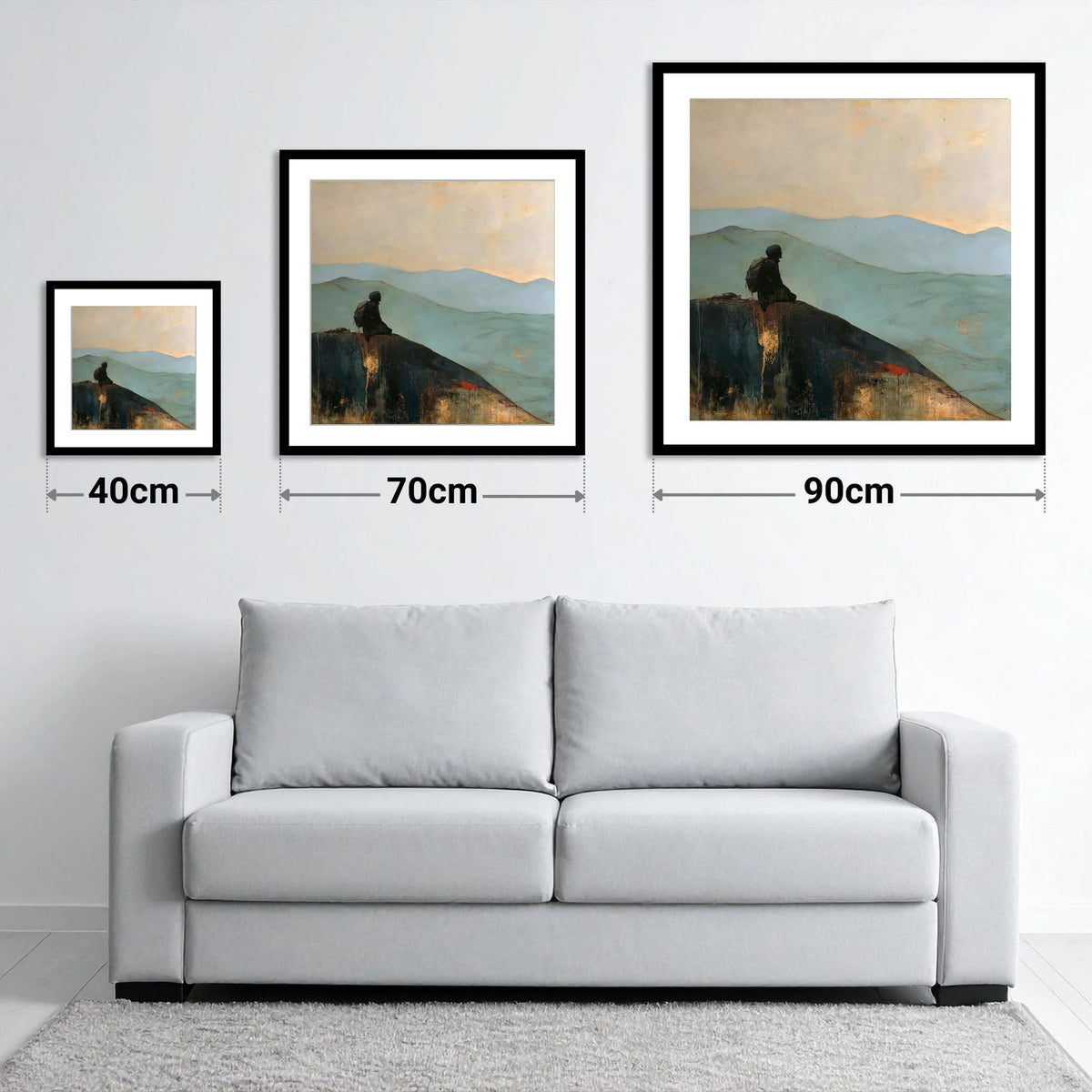Silhouetted Walker on Blencathra Escarpment - size guide showing 40cm, 70cm and 90cm art prints