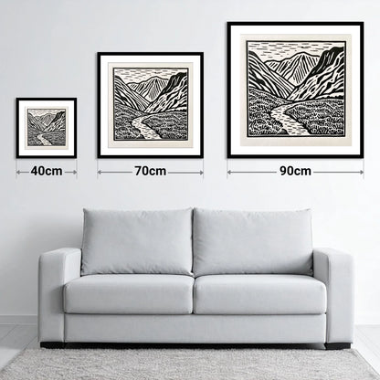 Monochrome Borrowdale Valley Fells - size guide showing 40cm, 70cm and 90cm art prints