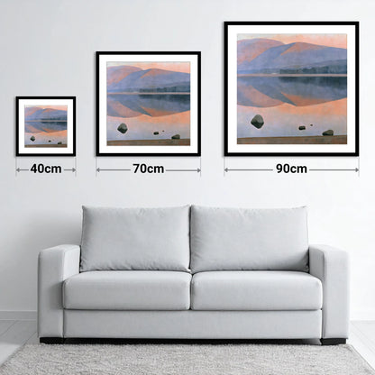 Dusk Fells Reflected on Calm Water - size guide showing 40cm, 70cm and 90cm art prints