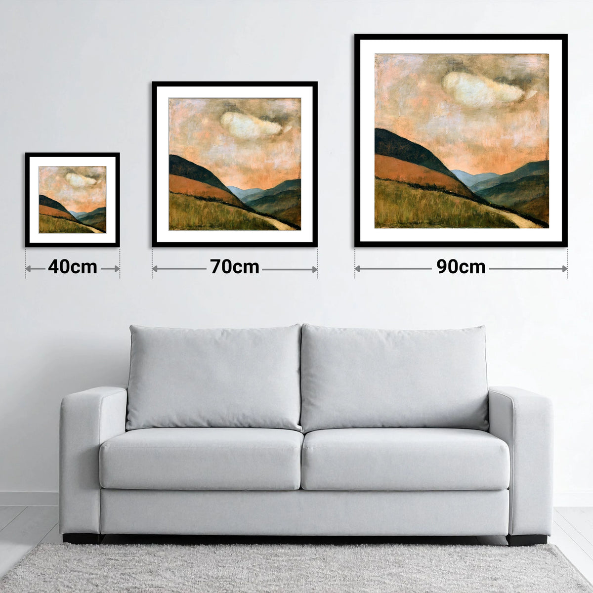 Rolling Fells Under Warm Cloud - size guide showing 40cm, 70cm and 90cm art prints