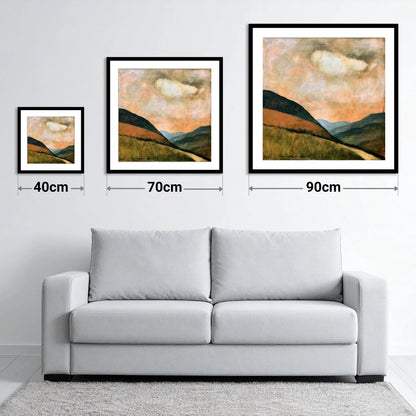 Rolling Fells Under Warm Cloud - size guide showing 40cm, 70cm and 90cm art prints