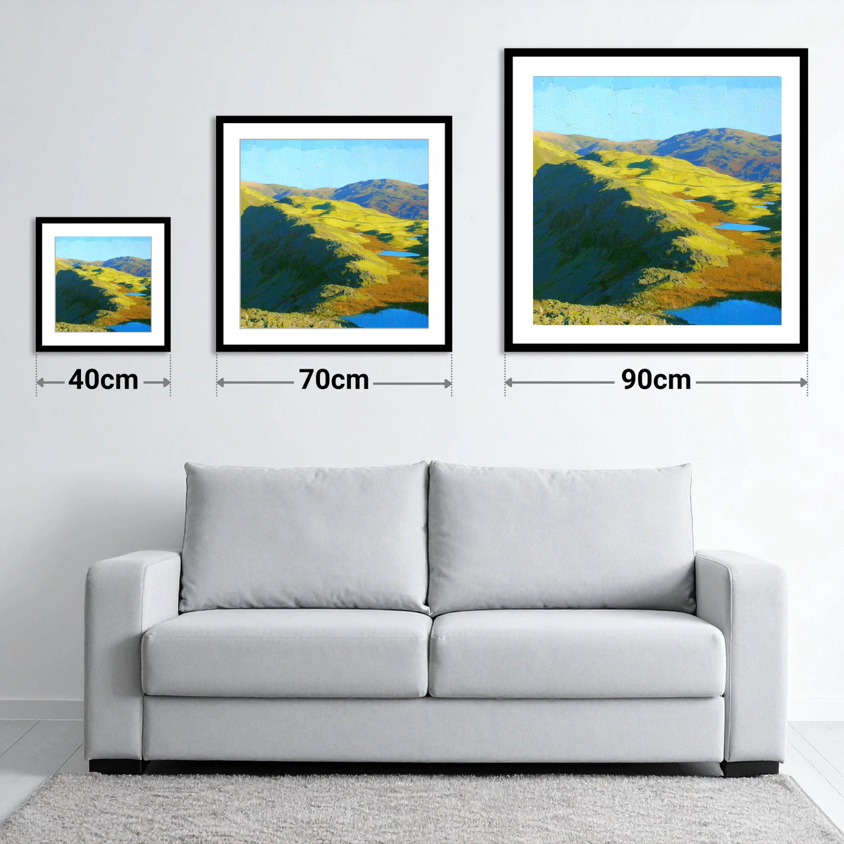 Vibrant Blea Rigg and Tarns - size guide showing 40cm, 70cm and 90cm art prints