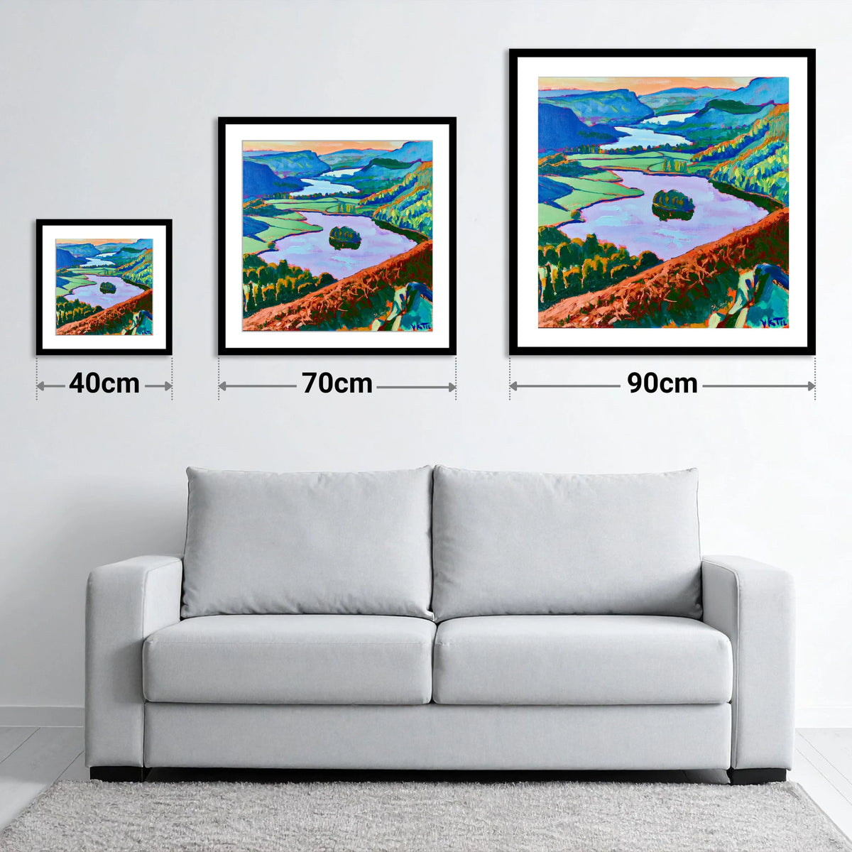 Grasmere Through Vibrant Bracken - size guide showing 40cm, 70cm and 90cm art prints