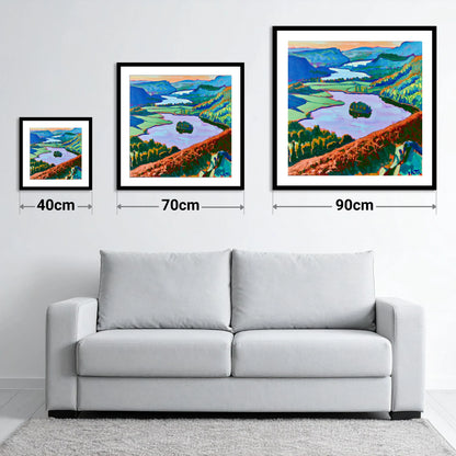 Grasmere Through Vibrant Bracken - size guide showing 40cm, 70cm and 90cm art prints