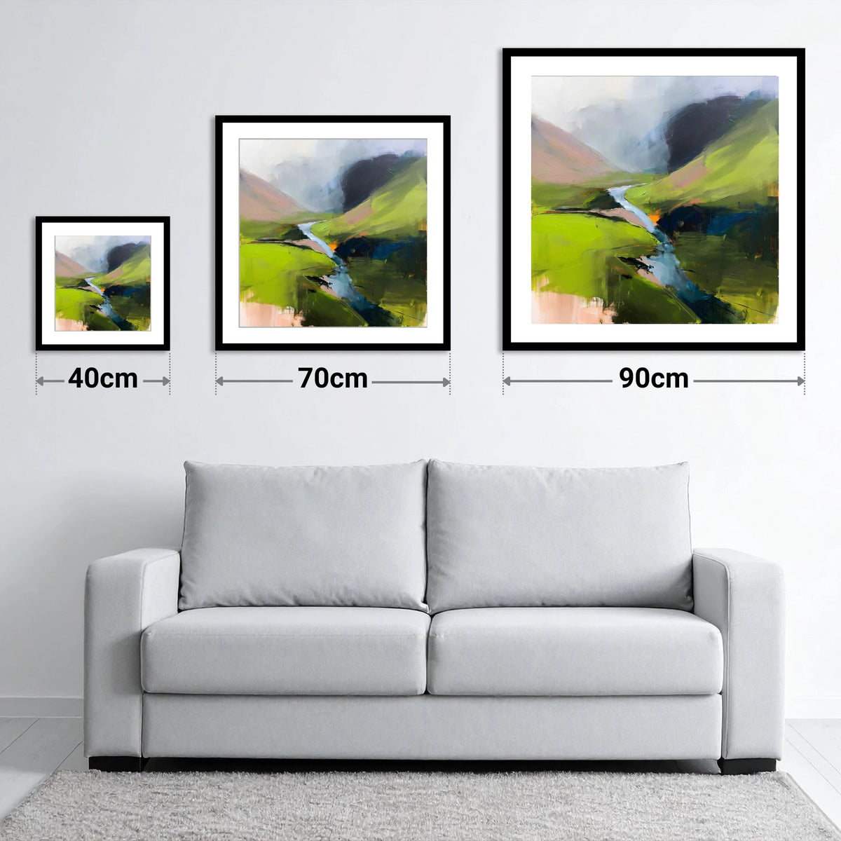 Winding River and Vibrant Fells - size guide showing 40cm, 70cm and 90cm art prints