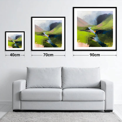 Winding River and Vibrant Fells - size guide showing 40cm, 70cm and 90cm art prints