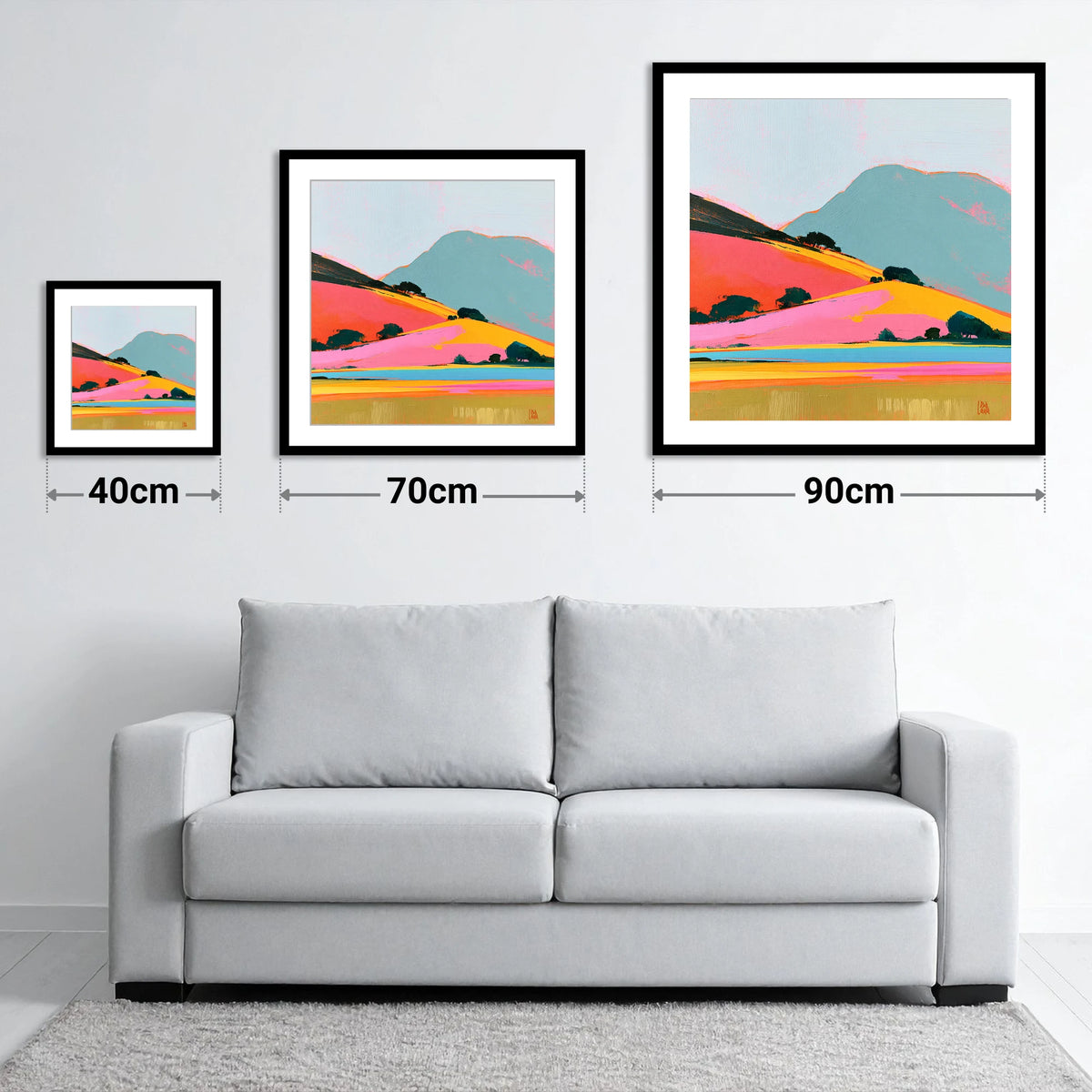 Golden Evening on Vibrant Fells - size guide showing 40cm, 70cm and 90cm art prints